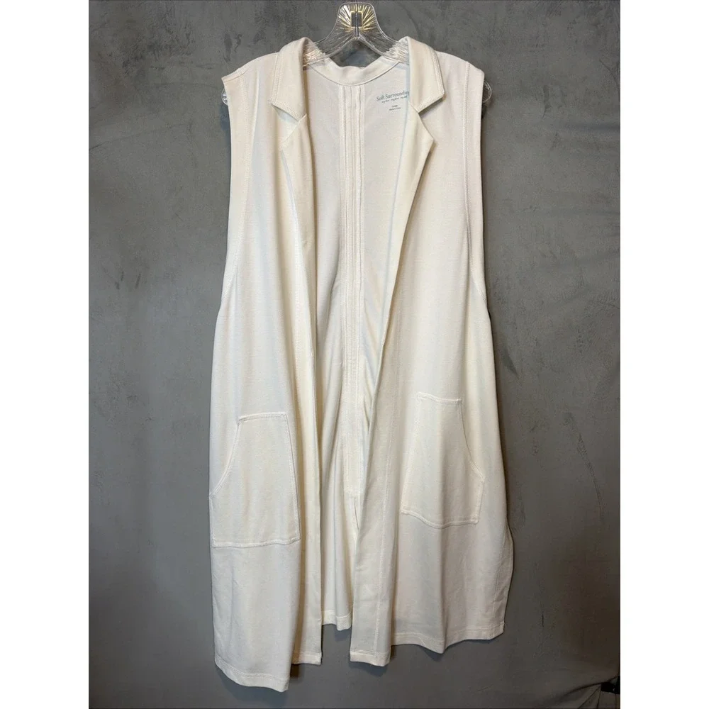 Soft Surroundings Women's L Ivory Long Vest Duster Open Front Zip Back Stretch